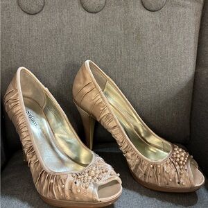 Style & Co. Taupe Ruched Peep-Toe Heels